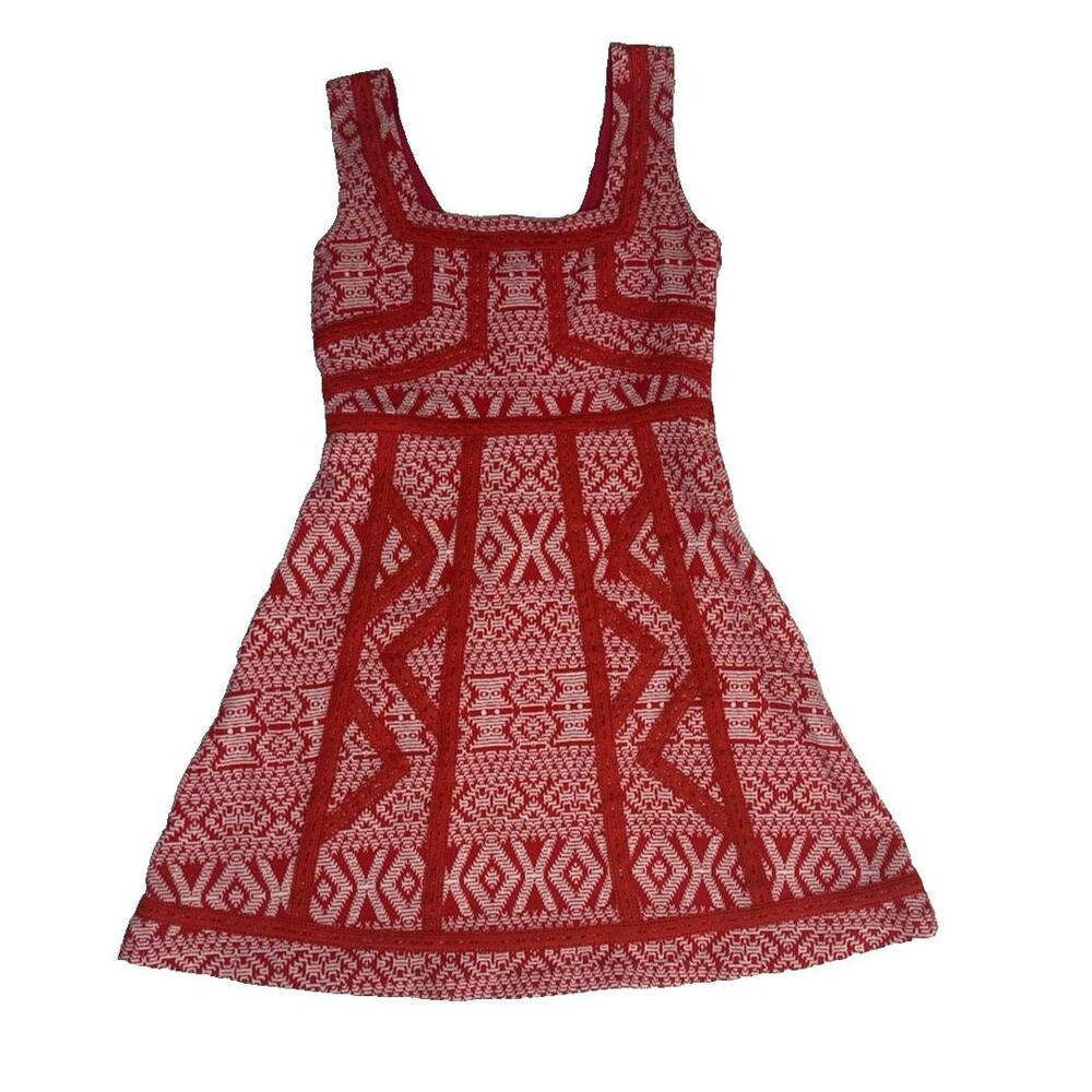 Anthropologie MAEVE Emma Red White Knit Mini Dress Sz 8 Coastal Party Geo Print
